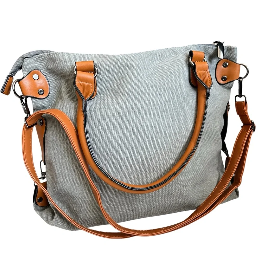 Paris Graphic Canvas Crossbody Tote Bag Gray Cognac Travel Messenger Purse